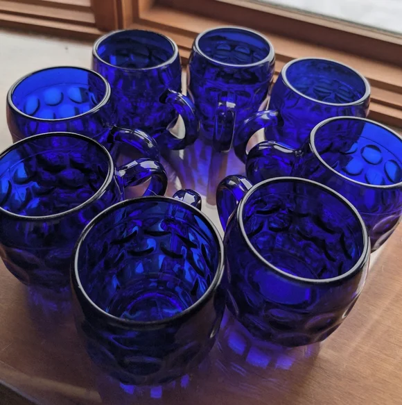 RARE Set of 8 Vintage Cobalt Blue Beer Mugs - 1930s New Martinsville Steins Gift - Picture 11 of 17